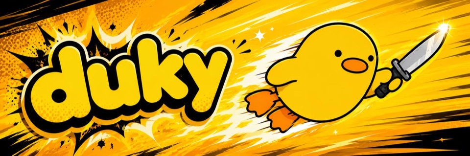 Duky flying through a bold comic-book explosion