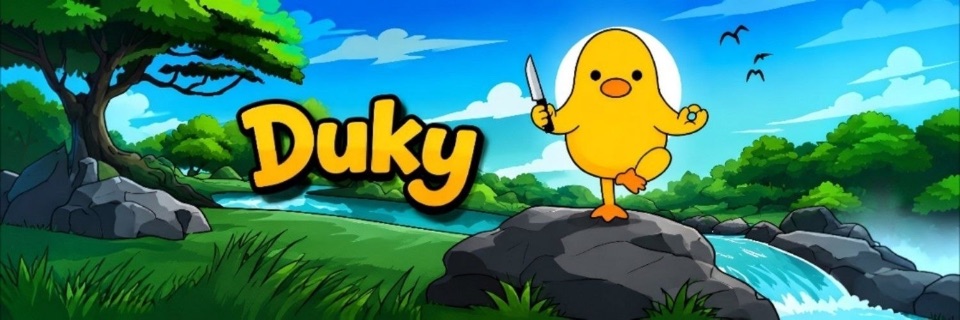 Duky standing beside a bright green pond